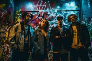 A group of young people posing in front of a neon-lit wall, decorated with colorful graffiti and street art. The image should convey a sense of urban style and creativity. Generative AI photo
