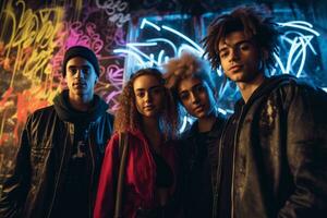 A group of young people posing in front of a neon-lit wall, decorated with colorful graffiti and street art. The image should convey a sense of urban style and creativity. Generative AI photo