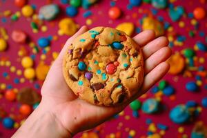 A hand holding a cookie in front of a colorful background, with crumbs and chocolate chips scattered around. Generative AI photo