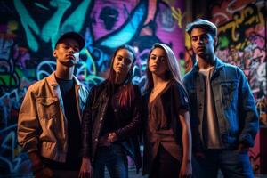 un grupo de joven personas posando en frente de un luces de neón muro, decorado con vistoso pintada y calle Arte. el imagen debería transmitir un sentido de urbano estilo y creatividad. generativo ai foto