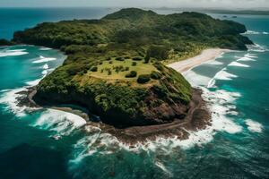 A helicopter view of a lush volcanic island with a tropical beach curving around the lagoon, beaches covered in vibrant umbrellas against a backdrop of swaying palm fronds. Generative Ai photo