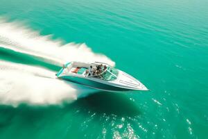 un Angulo alto Disparo de un lancha rápida corte mediante el turquesa aguas generativo ai foto