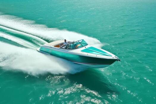 un Angulo alto Disparo de un lancha rápida corte mediante el turquesa aguas generativo ai foto