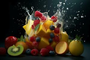 A high-speed image of fruits plugging glass dish with droplets of juice splashing out, showcasing fruits and emphasizing the freshness and vitality of the ingredients. Generative AI photo