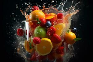 A high-speed image of fruits plugging glass dish with droplets of juice splashing out, showcasing fruits and emphasizing the freshness and vitality of the ingredients. Generative AI photo