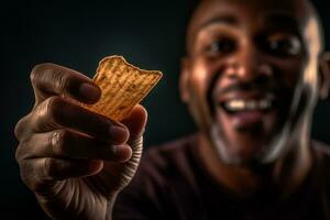A lifestyle shot featuring a person holding a chip in their hand, about to take a bite. The focus is on the person's facial expression and the chip. Concept enjoyment and satisfaction. Generative AI photo