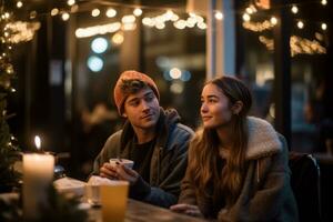 A laid-back couple, sitting under string lights eating avocado toast and smoothies. Concept nostalgic, grammable millennial moment. Generative AI photo