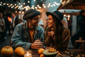 A laid-back couple, sitting under string lights eating avocado toast and smoothies. Concept nostalgic, grammable millennial moment. Generative AI photo