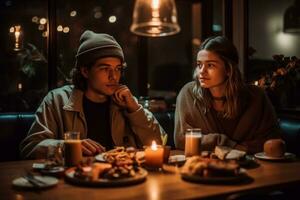 un relajado pareja, sentado debajo cuerda luces comiendo aguacate brindis y batidos concepto nostálgico, gramable milenario momento. generativo ai foto