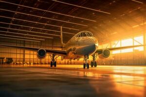 Low angle view of a jet parked in a hangar at sunset. Generative Ai photo