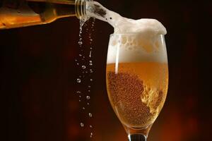 A macro shot of beer being poured into a glass, with the bubbles and foam rising to the top. Generative Ai photo