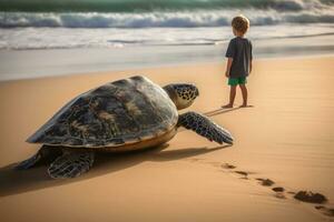 A massive sea turtle lazily emerging from the surf, leaving tracks in the sand. A young boy gazing up at the huge reptile in awe and smiling brightly. Generative AI. photo