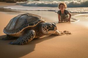 A massive sea turtle lazily emerging from the surf, leaving tracks in the sand. A young boy gazing up at the huge reptile in awe and smiling brightly. Generative AI. photo