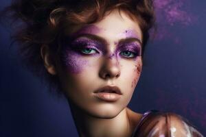 A model wearing makeup with a purple amethyst-colored palette, against a textured background, with a sense of bold and playful beauty. Concept of experimentation and creativity. Generative AI photo