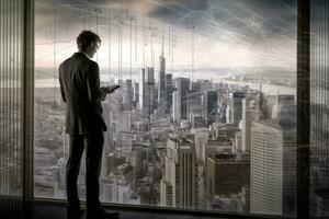 A man standing in front of a large window with a city skyline in the background and a line graph. The image is taken from a high angle to show a sense of control in the midst of chaos. Generative AI photo