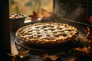 Freshly baked Thanksgiving pie, with a lattice crust and steam rising from the filling. The scene set in a cozy kitchen , with fall foliage and other seasonal elements. Generative AI photo