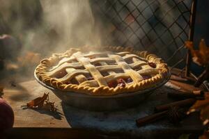 Freshly baked Thanksgiving pie, with a lattice crust and steam rising from the filling. The scene set in a cozy kitchen , with fall foliage and other seasonal elements. Generative AI photo