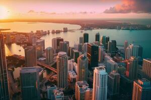 A panoramic aerial view of the Miami skyline at sunset, showcasing the city's iconic pastel-colored buildings and palm tree-lined streets. Generative AI photo