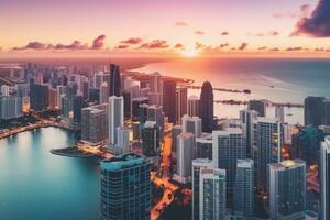 A panoramic aerial view of the Miami skyline at sunset, showcasing the city's iconic pastel-colored buildings and palm tree-lined streets. Generative AI photo