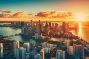 un panorámico aéreo ver de el Miami horizonte a atardecer, exhibiendo el de la ciudad icónico color pastel edificios y palma arbolado calles generativo ai foto