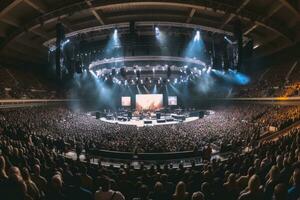 un panorámico Disparo de un grande concierto etapa con el banda jugando a un masivo audiencia. generativo ai foto