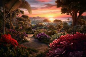 A panoramic view of a buganvillea garden with a sunset in the background, creating a calming and serene atmosphere. Generative AI photo