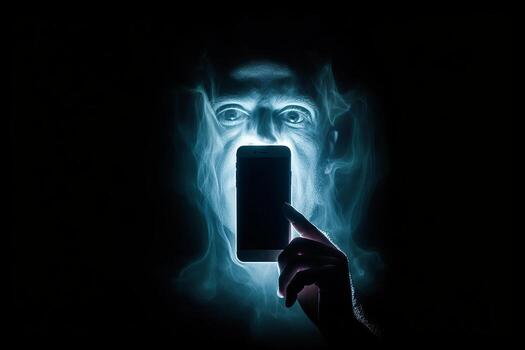 A person's face being consumed by the light of a smartphone screen, as if being sucked into the device. Generative AI photo