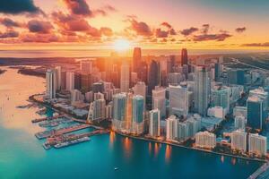 A panoramic aerial view of the Miami skyline at sunset, showcasing the city's iconic pastel-colored buildings and palm tree-lined streets. Generative AI photo