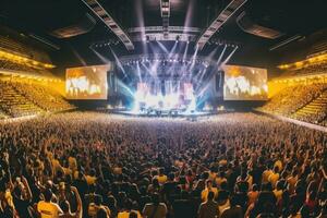 A panoramic shot of a large concert stage with the band playing to a massive audience. Generative AI photo