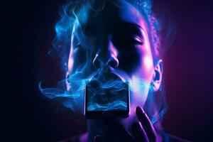 A person's face being consumed by the light of a smartphone screen, as if being sucked into the device. Generative AI photo