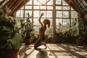 A person of yogis practicing yoga poses in a bright and airy studio, surrounded by plants and natural light. Concept of mindfulness and physical wellness. Generative AI photo