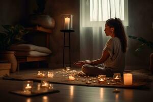 A person meditating in a cozy and minimalist home setting, with candles, incense, and comfortable cushions. Concept of comfort and inner peace. Generative AI photo