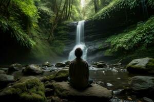 un persona meditando en un natural configuración, tal como un bosque con cascada bosque, con el sonidos de naturaleza en el antecedentes. concepto de armonía y conexión con naturaleza. generativo ai foto