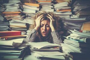 A person sitting in front of a pile of tax documents, holding their head in frustration, representing the stress and overwhelm of tax season. Generative AI photo