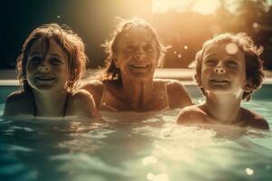 Caucasian family swimming together in the pool, with a sense of togetherness and bonding. Concept a sense of family and community. Generative AI photo