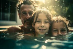 Caucasian family swimming together in the pool, with a sense of togetherness and bonding. Concept a sense of family and community. Generative AI photo