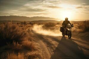 Biker riding a motorcycle through a desert landscape, against a sunset background, with a sense of adventure and freedom. Concept exploration and excitement. Generative AI photo