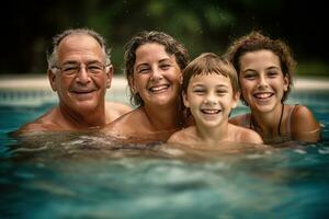 Caucasian family swimming together in the pool, with a sense of togetherness and bonding. Concept a sense of family and community. Generative AI photo