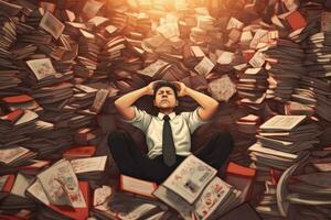 A person sitting in front of a pile of tax documents, holding their head in frustration, representing the stress and overwhelm of tax season. Generative AI photo