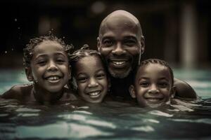 Family swimming together in the pool, with a sense of togetherness and bonding. Concept of family and community. Generative AI photo