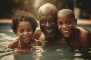 Family swimming together in the pool, with a sense of togetherness and bonding. Concept of family and community. Generative AI photo