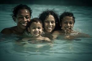 Family swimming together in the pool, with a sense of togetherness and bonding. Concept of family and community. Generative AI photo