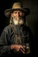 A portrait of a seasoned moonshiner, wearing a weathered hat and holding a jug of moonshine, representing the expertise and tradition passed down through generations. Generative Ai photo