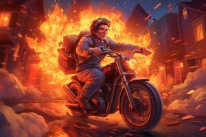 A pizza delivery guy riding a motorcycle with a giant pizza box strapped to his back, leaving a trail of flames behind him. Generative AI photo