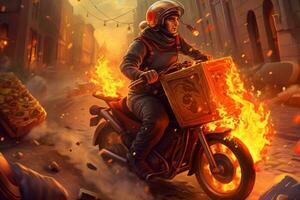 A pizza delivery guy riding a motorcycle with a giant pizza box strapped to his back, leaving a trail of flames behind him. Generative AI photo