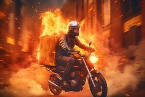 A pizza delivery guy riding a motorcycle with a giant pizza box strapped to his back, leaving a trail of flames behind him. Generative AI photo