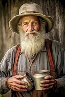 A portrait of a seasoned moonshiner, wearing a weathered hat and holding a jug of moonshine, representing the expertise and tradition passed down through generations. Generative Ai photo