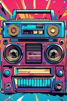 A retro-inspired poster , illustration of a boombox or cassette player with vibrant patterns and colors, symbolizing the music and fashion of the era. Generative AI photo