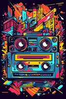 A retro-inspired poster , illustration of a boombox or cassette player with vibrant patterns and colors, symbolizing the music and fashion of the era. Generative AI photo