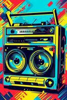 A retro-inspired poster , illustration of a boombox or cassette player with vibrant patterns and colors, symbolizing the music and fashion of the era. Generative AI photo